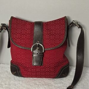 Coach Red Canvas Crossbody with Brown Leather Buckle Trim
